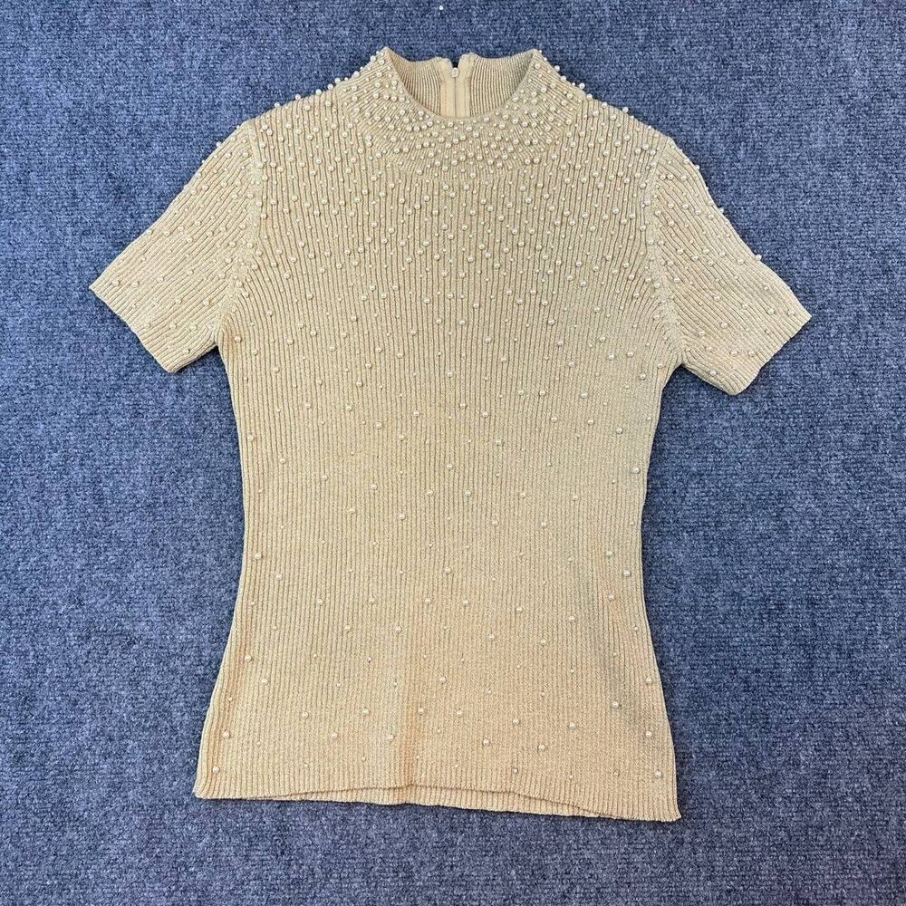 Women Knit Top Pearl Beaded Short Sleeve Zip Back Gold Beige Size S